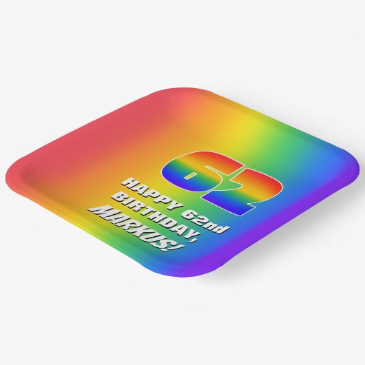 62番目の誕生日: カラフル、おもしろいレインボーパターン# 62 ペーパープレート (傾斜あり)