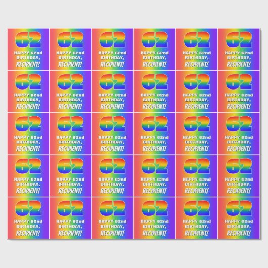62番目の誕生日: カラフル、おもしろいレインボーパターン# 62 ラッピングペーパー (フラット)