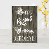 62番目の誕生日:ファンシー、エレガント文字フェイク、木目 カード (黄色い花)