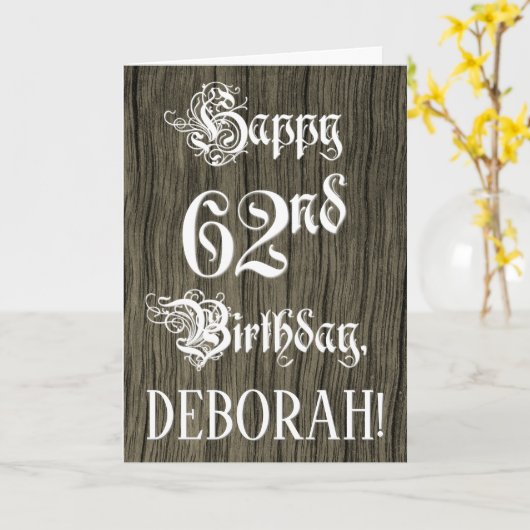 62番目の誕生日:ファンシー、エレガント文字フェイク、木目 カード (黄色い花)
