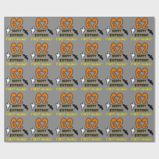 62番目の誕生日:不気味ハロウィーンテーマ、名前をカスタムする ラッピングペーパー (フラット)