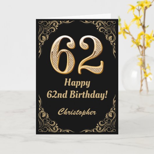 62誕生日ブラックおよび金ゴールドグリッターフレーム カード (黄色い花)