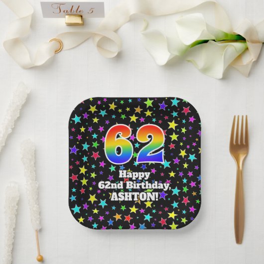 62誕生日:おもしろい星パターンと虹"62" ペーパープレート (ウェディング)