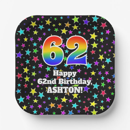 62誕生日:おもしろい星パターンと虹"62" ペーパープレート (正面)