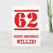 62誕生日:おもしろい、赤ゴムスタンプルックインスパイアス カード (正面)