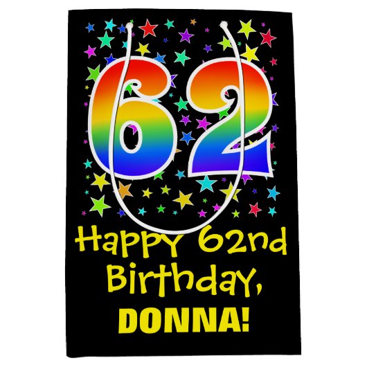 62誕生日:カラフルスターズパターン&レインボー62 ミディアムペーパーバッグ (正面)