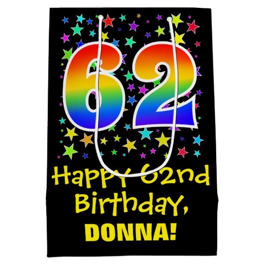 62誕生日:カラフルスターズパターン&レインボー62 ミディアムペーパーバッグ (裏面)