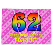 62誕生日：ピンクストライプのハート、レインボー# 62 ラージペーパーバッグ (裏面)