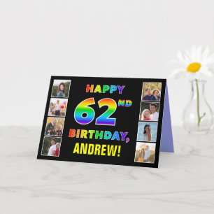 62誕生日：レインボー文字カスタム、写真&名前 カード