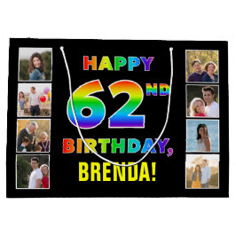 62誕生日：レインボー文字カスタム、写真&名前 ラージペーパーバッグ