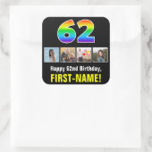 62誕生日:レインボー「62」、写真カスタムと名前 スクエアシール (バッグ)
