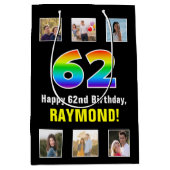 62誕生日: Rainbow "62"，写真カスタムと名前 ミディアムペーパーバッグ (正面)