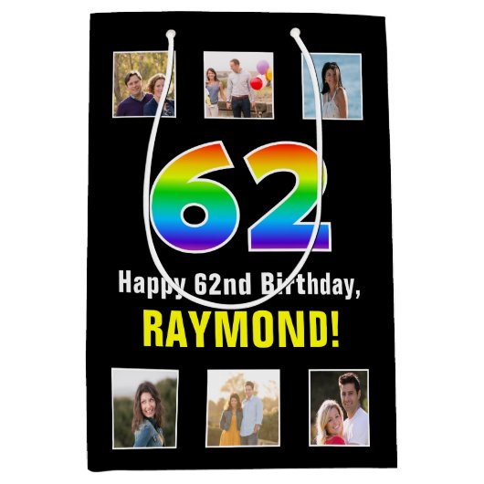 62誕生日: Rainbow "62"，写真カスタムと名前 ミディアムペーパーバッグ (正面)