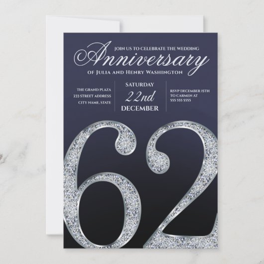 62nd Anniversary Diamond Silver Navy Blue Modern 招待状 (正面)