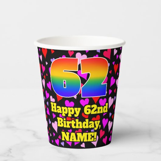 62nd Birthday: Loving Hearts Pattern, Rainbow 62 紙コップ (正面)
