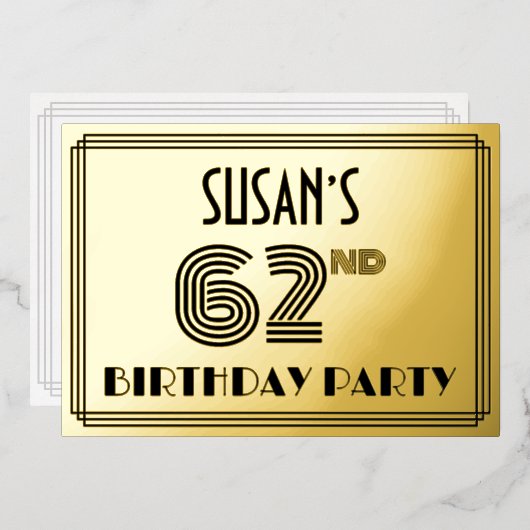62nd Birthday Party —アールデコスタイル「62」 & Name 箔招待状 (正面/裏面)