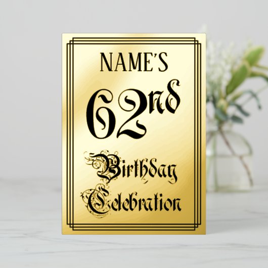 62nd Birthday Party – スクリプエレガントト+名前をカスタムする 箔招待状 (立ち正面)