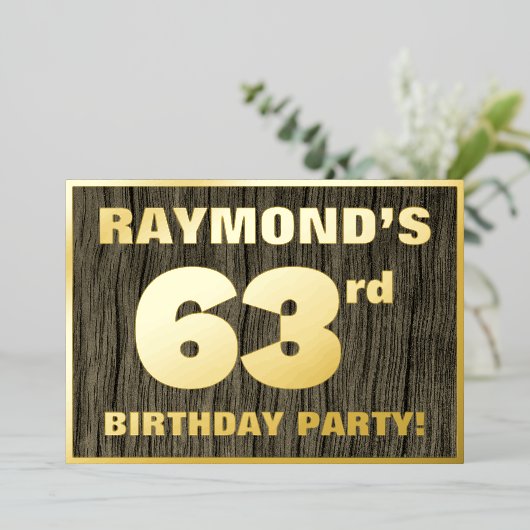 63回目の誕生日パーティはっきりしたー:, フェイク Wood Grain Pattern 箔招待状 (立ち正面)