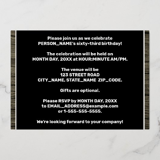 63回目の誕生日パーティはっきりしたー:, フェイク Wood Grain Pattern 箔招待状 (裏面)