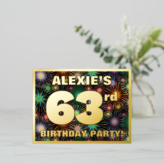 63回目の誕生日パーティはっきりした:, カラフル Fireworks Look 箔招待状ポストカード (立ち正面)