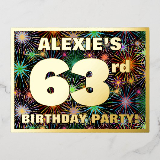 63回目の誕生日パーティはっきりした:, カラフル Fireworks Look 箔招待状ポストカード (正面)