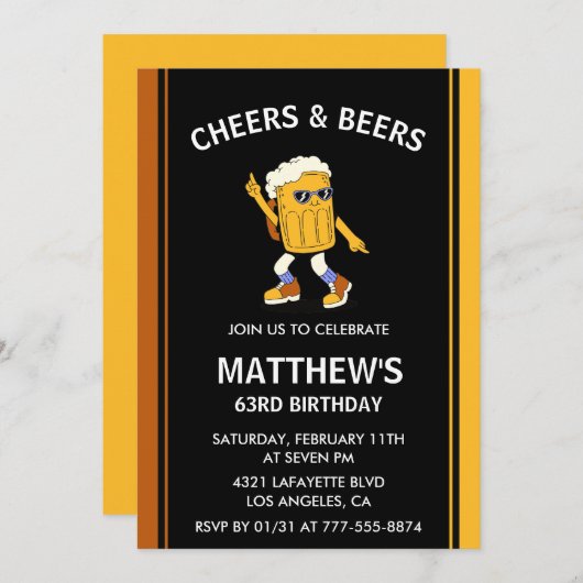 63歳おもしろいの誕生日招待状応援とビール 招待状 (正面/裏面)