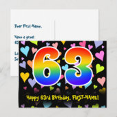 63歳の誕生日おめでとう：楽しいハート柄、虹63 ポストカード (正面/裏面)