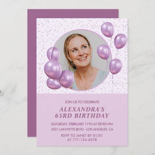 63歳の誕生日招待状風船フォトパープル 招待状 (正面/裏面)