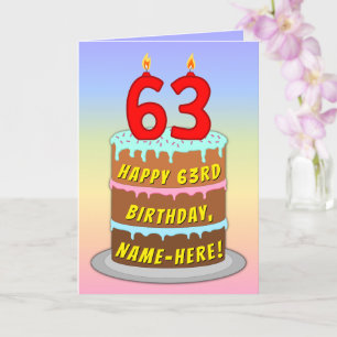 63歳の誕生日 — オーダーメイドの名前入り、楽しいケーキとろうそく カード