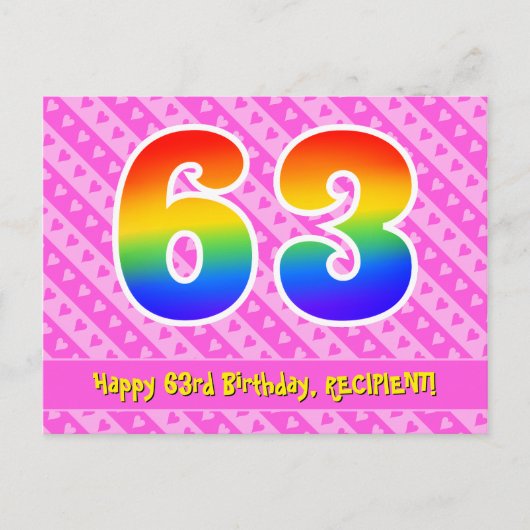 63歳の誕生日:ピンクのストライプとハート、虹色の63 ポストカード (正面)