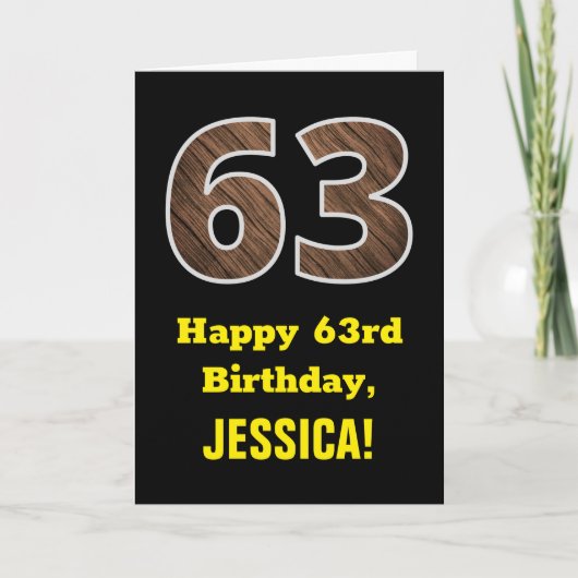 63歳の誕生日：名前、偽の木目模様の「63」 カード (正面)