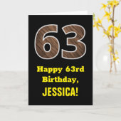 63歳の誕生日：名前、偽の木目模様の「63」 カード (黄色い花)