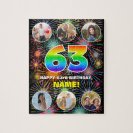 63歳の誕生日:楽しい虹 #, オーダーメイドの名前 + 写真 ジグソーパズル