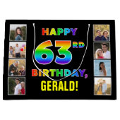 63歳の誕生日:虹のテキスト、カスタム写真&名前 ラージペーパーバッグ (正面)