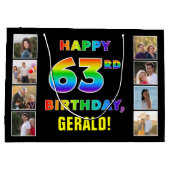63歳の誕生日:虹のテキスト、カスタム写真&名前 ラージペーパーバッグ (裏面)