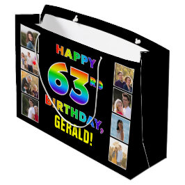 63歳の誕生日:虹のテキスト、カスタム写真&名前 ラージペーパーバッグ
