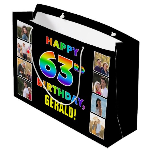 63歳の誕生日:虹のテキスト、カスタム写真&名前 ラージペーパーバッグ (裏面アングル)