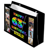 63歳の誕生日:虹のテキスト、カスタム写真&名前 ラージペーパーバッグ (正面アングル)