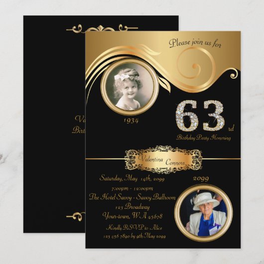 63歳、誕生日の女性、エレガントなアートデコ、黒 招待状 (正面/裏面)
