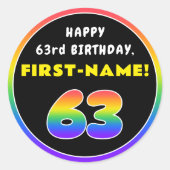 63番目の誕生日カラフル: Rainbow # 63,名前をカスタムする ラウンドシール (正面)