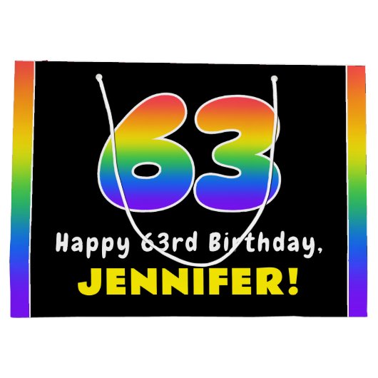 63番目の誕生日カラフル: Rainbow # 63,名前をカスタムする ラージペーパーバッグ (裏面)
