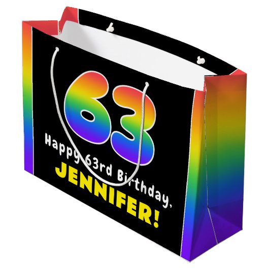 63番目の誕生日カラフル: Rainbow # 63,名前をカスタムする ラージペーパーバッグ (裏面アングル)