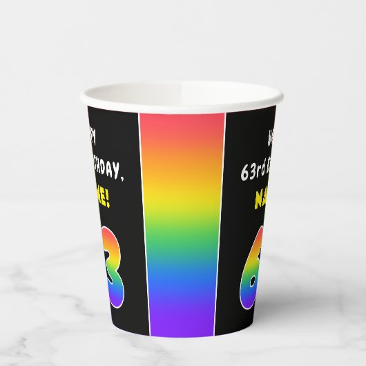 63番目の誕生日カラフル: Rainbow # 63,名前をカスタムする 紙コップ (左)