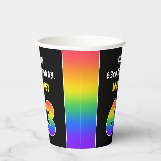 63番目の誕生日カラフル: Rainbow # 63,名前をカスタムする 紙コップ (右)