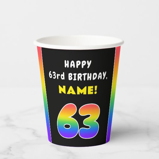 63番目の誕生日カラフル: Rainbow # 63,名前をカスタムする 紙コップ (正面)