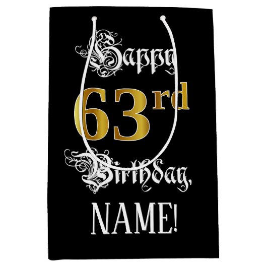 63番目の誕生日ファンシー~スクリプトフェイク;金ゴールド検索;名前 ミディアムペーパーバッグ (正面)