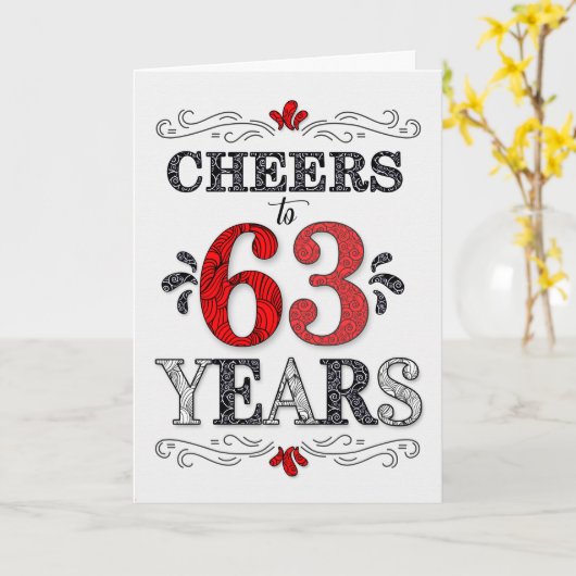 63番目の誕生日応援の赤い白の黒いパターン カード (黄色い花)