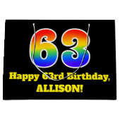 63番目の誕生日～おもしろい, カラフル, 鮮やか, Rainbow 63 ラージペーパーバッグ (正面)