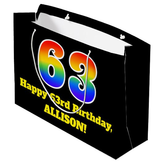 63番目の誕生日～おもしろい, カラフル, 鮮やか, Rainbow 63 ラージペーパーバッグ (裏面アングル)