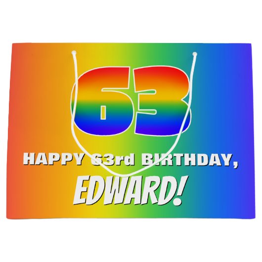 63番目の誕生日: カラフル、おもしろいレインボーパターン# 63 ラージペーパーバッグ (正面)